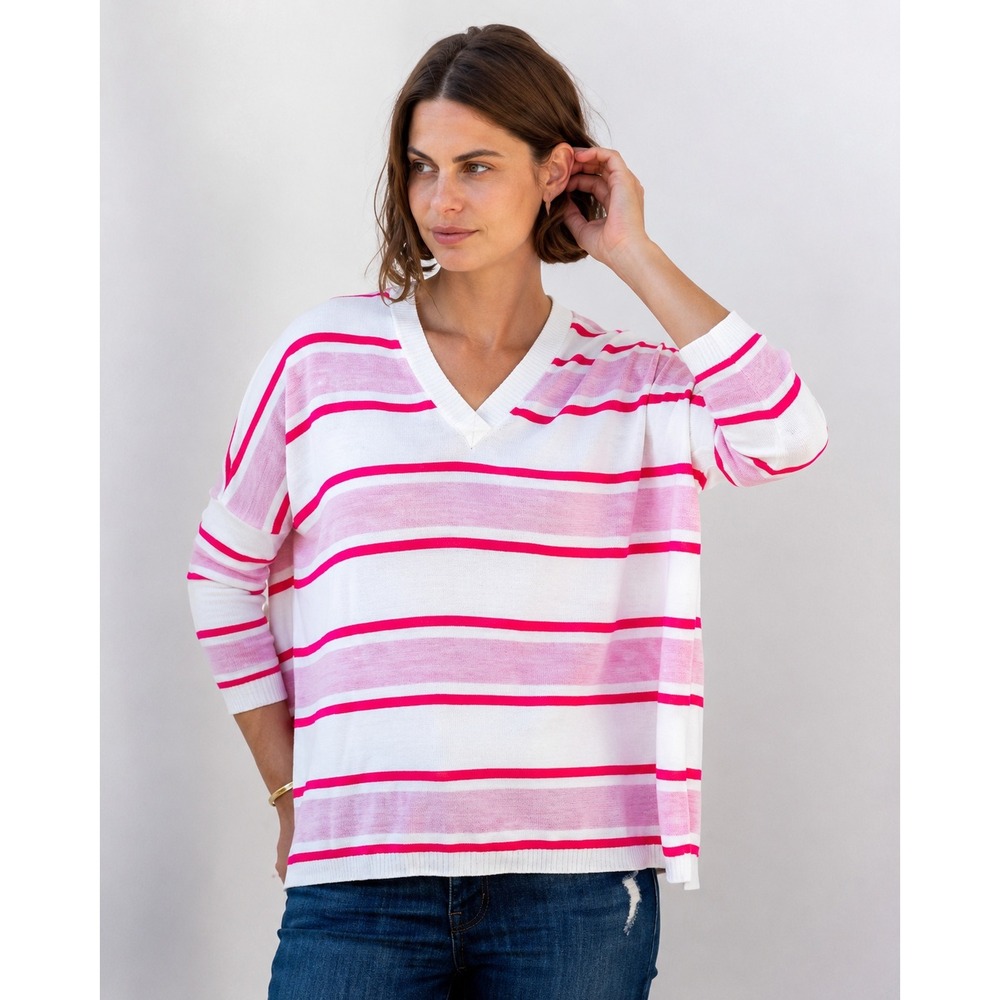 Mersea Catalina V-Neck Sweater Pink White Red Striped Oversized Petite One Size